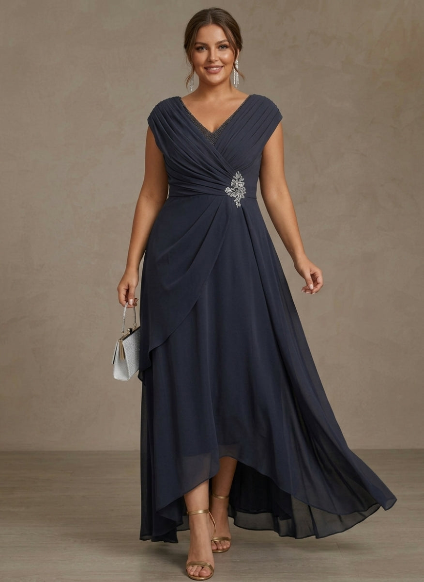 A-Line/Princess V-Neck Chiffon Plus Size Mother of the Bride Dresses Asymmetrical Floor-Length Sequins Ruched, As Pic