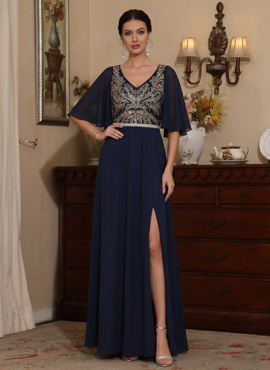 Sheath/Column V-Neck Chiffon Mother of the Bride Dresses with Split Side Floor-Length Sequins Short Sleeves
