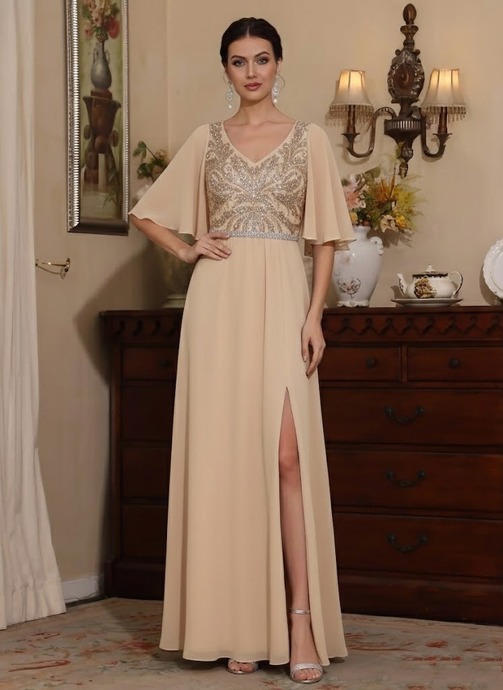Sheath/Column V-Neck Chiffon Mother of the Bride Dresses with Split Side Floor-Length Sequins Short Sleeves