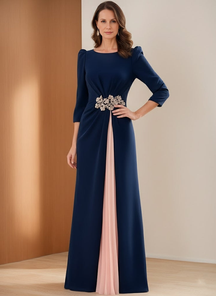A-Line/Princess Scoop Stretch Satin Mother of the Bride Dresses 3/4 Sleeves Floor-Length Pleated