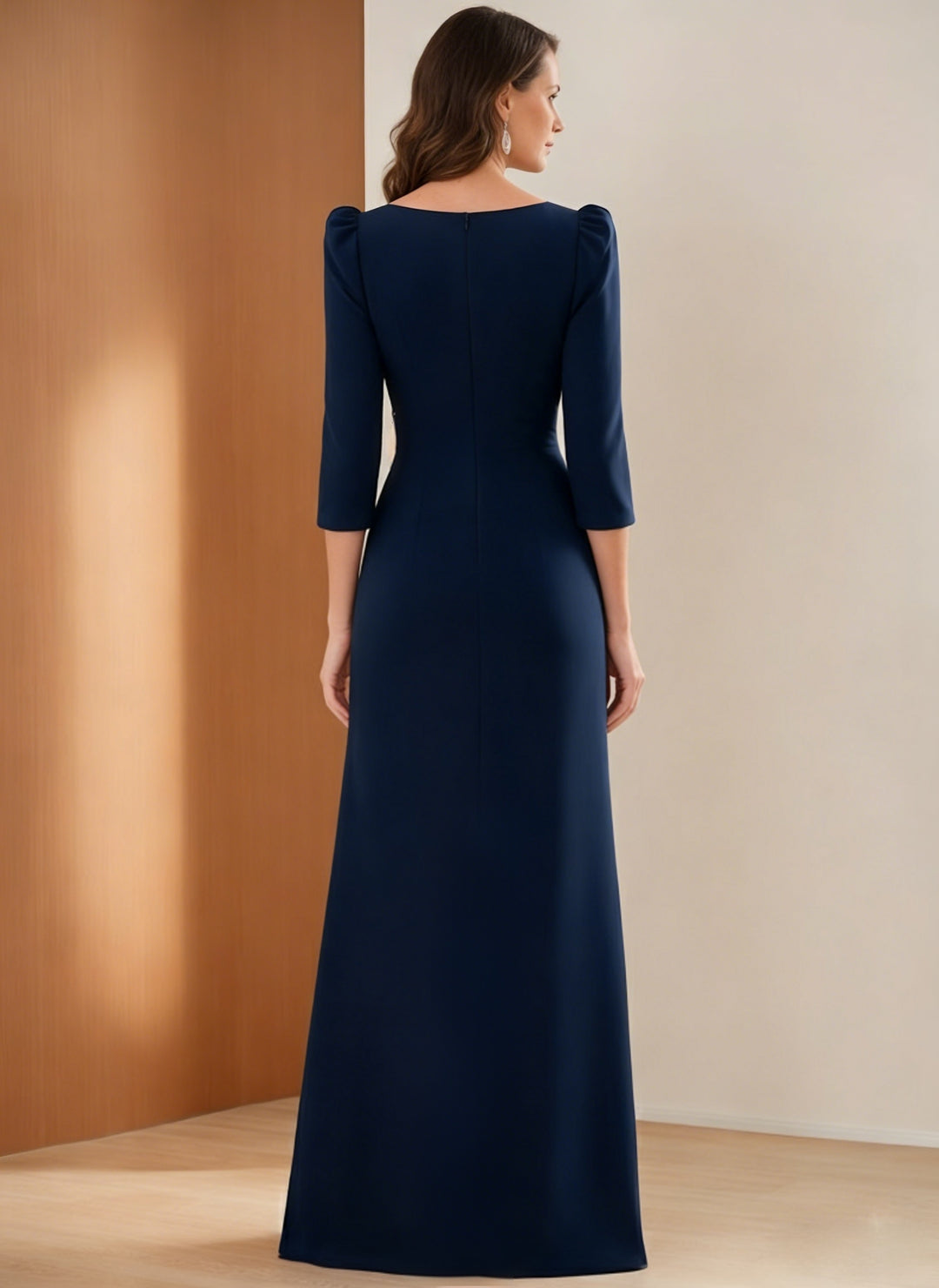 A-Line/Princess Scoop Stretch Satin Mother of the Bride Dresses 3/4 Sleeves Floor-Length Pleated