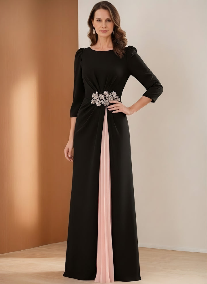 A-Line/Princess Scoop Stretch Satin Mother of the Bride Dresses 3/4 Sleeves Floor-Length Pleated
