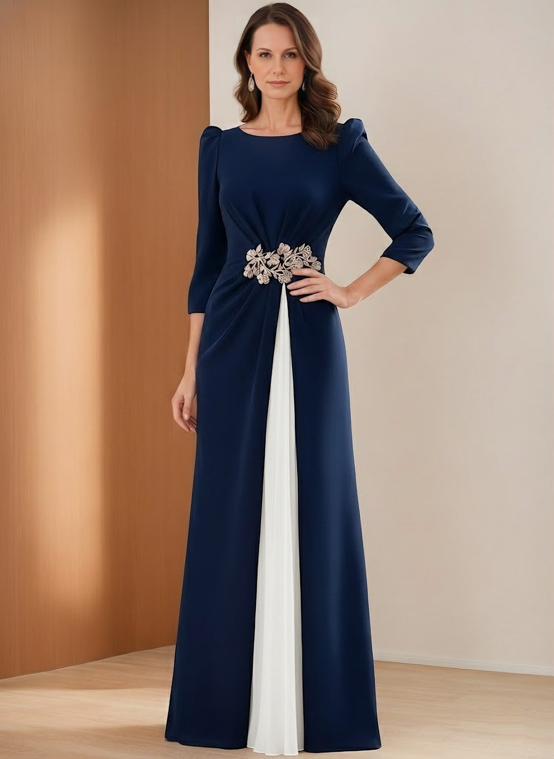 A-Line/Princess Scoop Stretch Satin Mother of the Bride Dresses 3/4 Sleeves Floor-Length Pleated