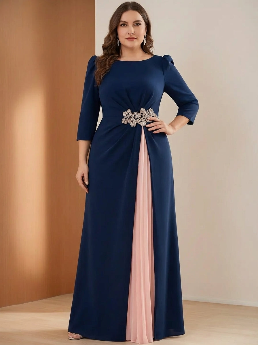 A-Line/Princess Scoop Stretch Satin Plus Mother of the Bride Dresses 3/4 Sleeves Floor-Length Pleated