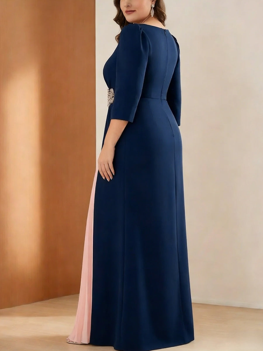 A-Line/Princess Scoop Stretch Satin Plus Mother of the Bride Dresses 3/4 Sleeves Floor-Length Pleated