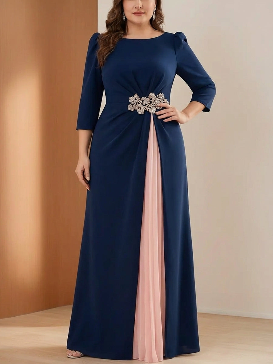 A-Line/Princess Scoop Stretch Satin Plus Mother of the Bride Dresses 3/4 Sleeves Floor-Length Pleated