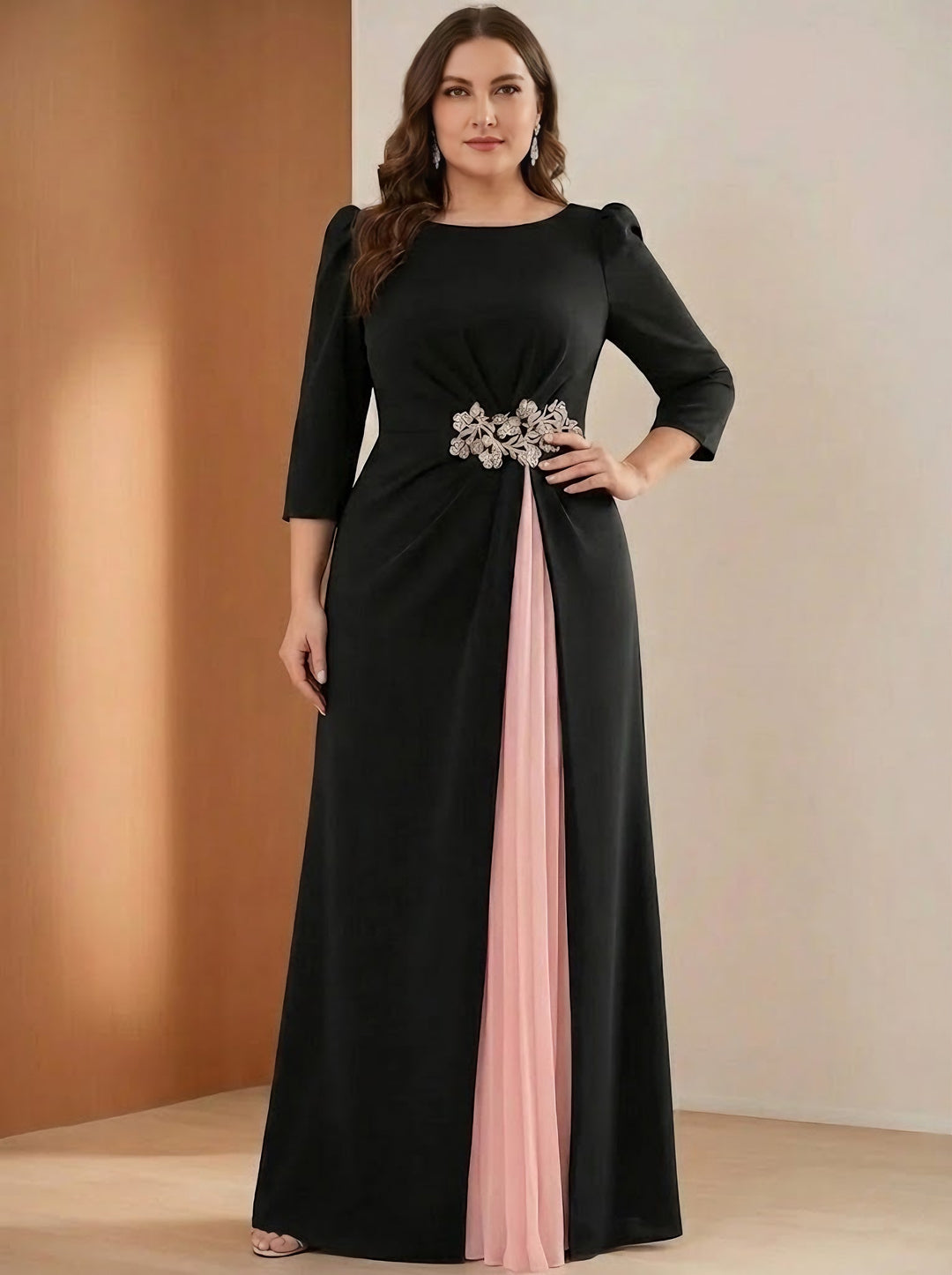 A-Line/Princess Scoop Stretch Satin Plus Size Mother of the Bride Dresses 3/4 Sleeves Floor-Length Pleated