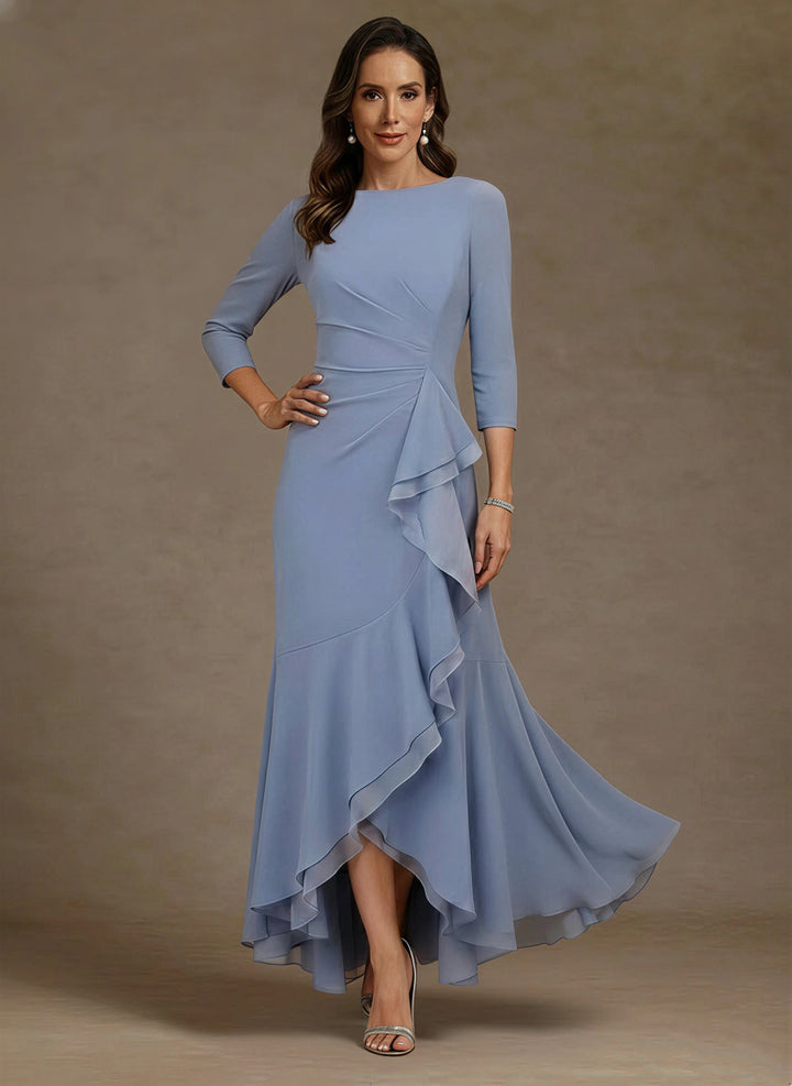 Trumpet/Mermaid Scoop Chiffon Mother of the Bride Dresses Asymmetrical Ankle-Length High Low 3/4 Sleeves Ruffles