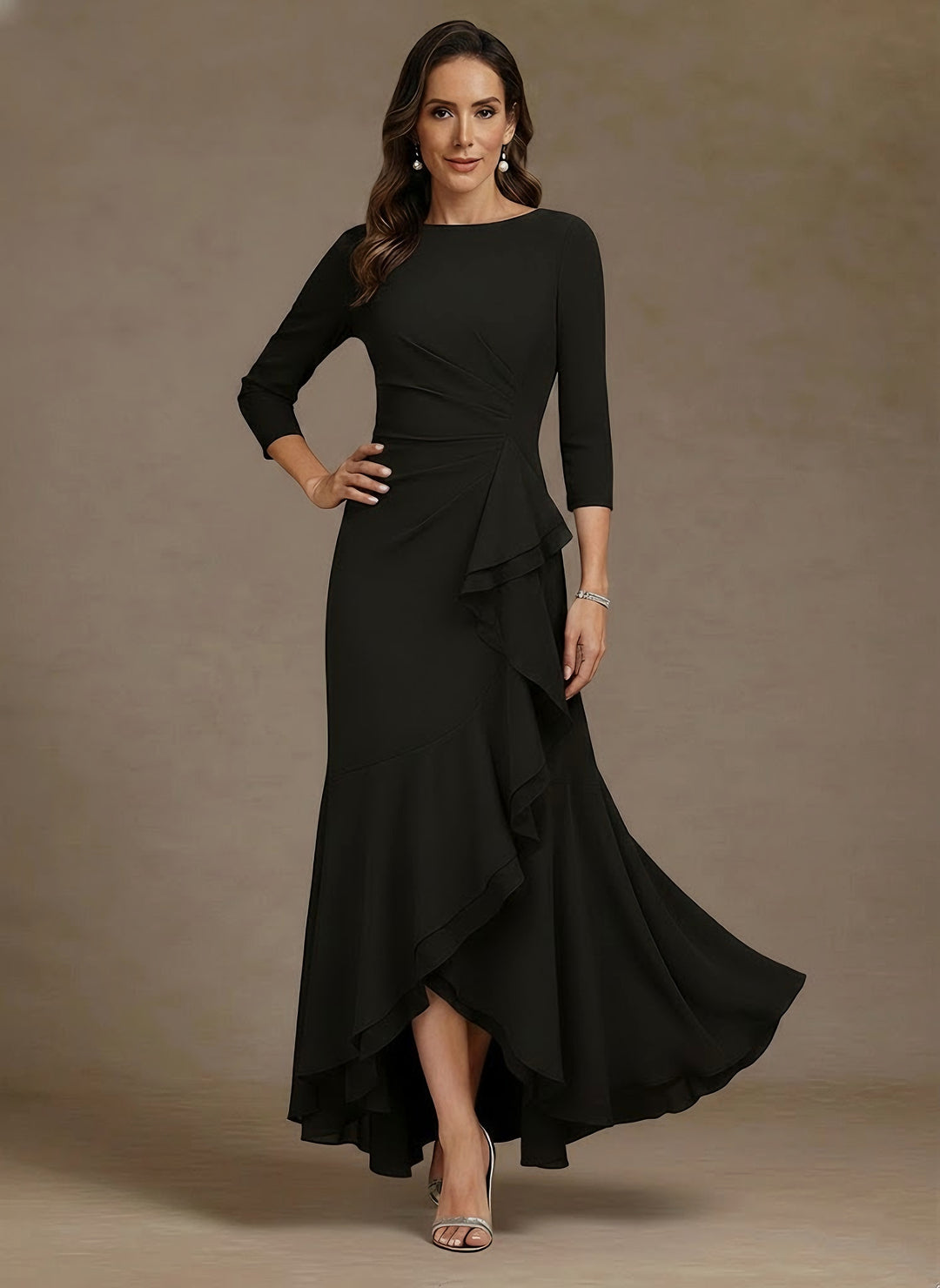 Trumpet/Mermaid Scoop Chiffon Mother of the Bride Dresses Asymmetrical Ankle-Length High Low 3/4 Sleeves Ruffles