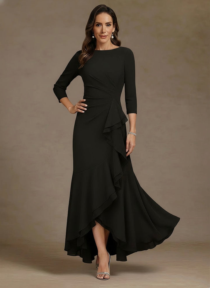 Trumpet/Mermaid Scoop Chiffon Mother of the Bride Dresses Asymmetrical Ankle-Length High Low 3/4 Sleeves Ruffles