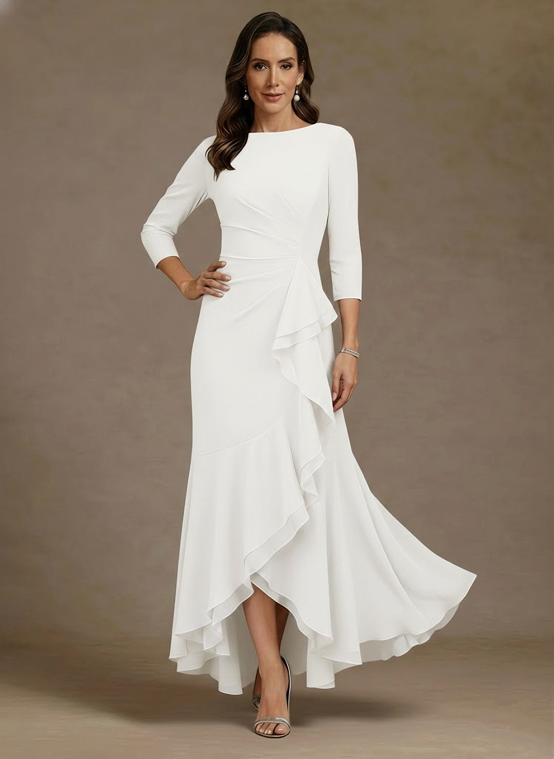 Trumpet/Mermaid Scoop Chiffon Mother of the Bride Dresses Asymmetrical Ankle-Length High Low 3/4 Sleeves Ruffles