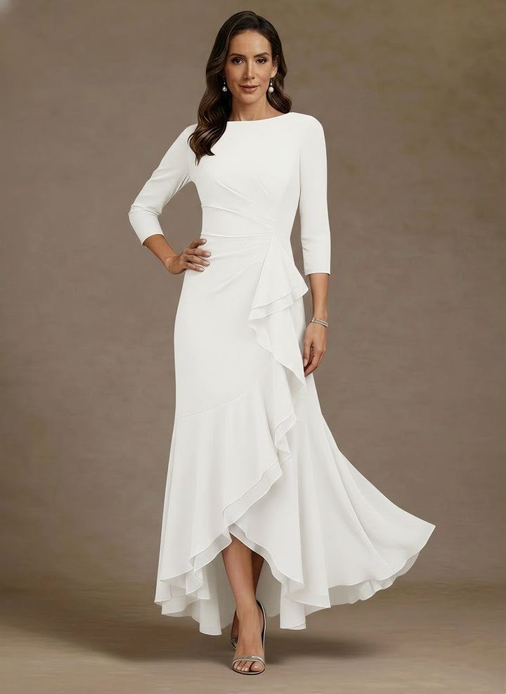 Trumpet/Mermaid Scoop Chiffon Mother of the Bride Dresses Asymmetrical Ankle-Length High Low 3/4 Sleeves Ruffles