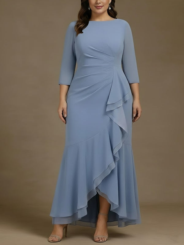 Trumpet/Mermaid Scoop Chiffon Plus Size Mother of the Bride Dresses Asymmetrical Ankle-Length High Low 3/4 Sleeves Ruffles