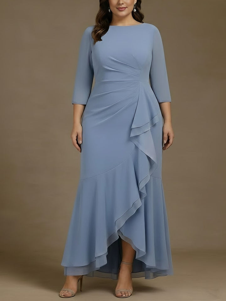Trumpet/Mermaid Scoop Chiffon Plus Size Mother of the Bride Dresses Asymmetrical Ankle-Length High Low 3/4 Sleeves Ruffles