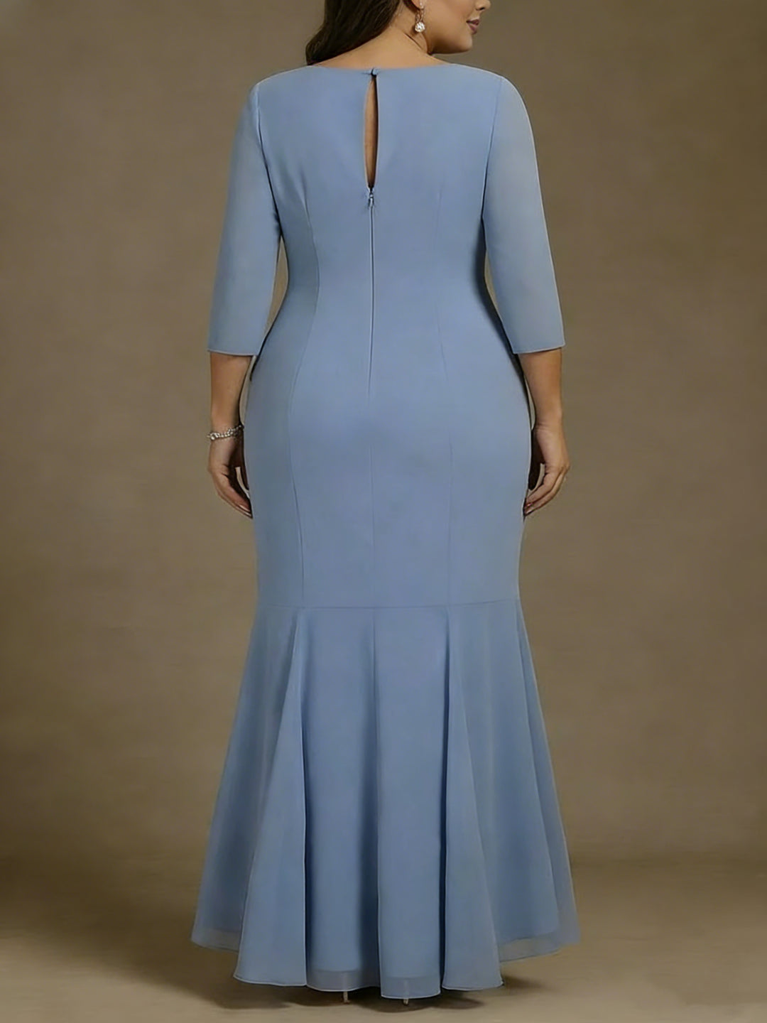 Trumpet/Mermaid Scoop Chiffon Plus Size Mother of the Bride Dresses Asymmetrical Ankle-Length High Low 3/4 Sleeves Ruffles