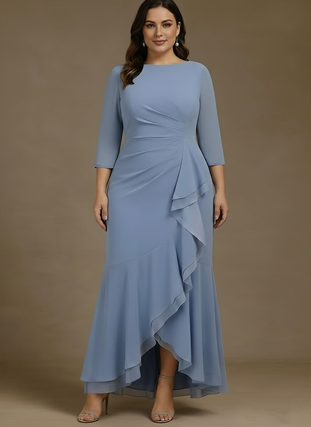 Trumpet/Mermaid Scoop Chiffon Plus Size Mother of the Bride Dresses Asymmetrical Ankle-Length High Low 3/4 Sleeves Ruffles