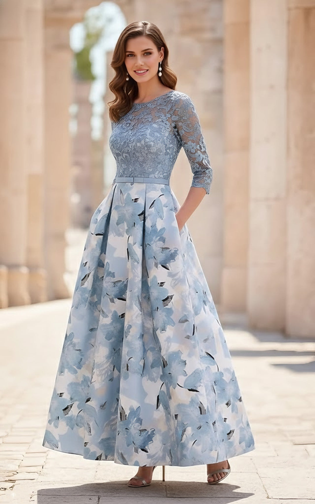 A-Line/Princess Scoop Satin Mother of the Bride Dresses Lace Ankle-Length Half Sleeves Printed Flower