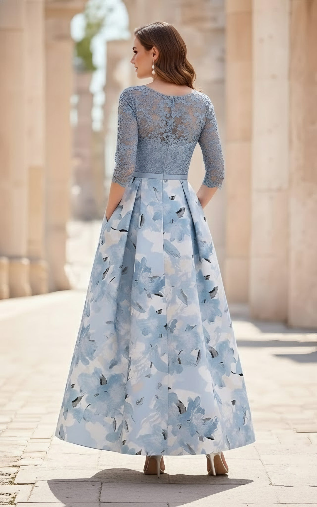A-Line/Princess Scoop Satin Mother of the Bride Dresses Lace Ankle-Length Half Sleeves Printed Flower