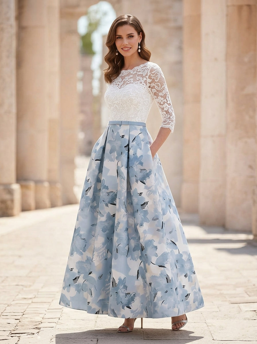 A-Line/Princess Scoop Satin Mother of the Bride Dresses Lace Ankle-Length Half Sleeves Printed Flower