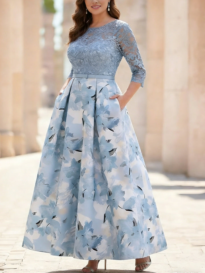 A-Line/Princess Scoop Satin Plus Size Mother of the Bride Dresses Lace Ankle-Length Half Sleeves Printed Flower