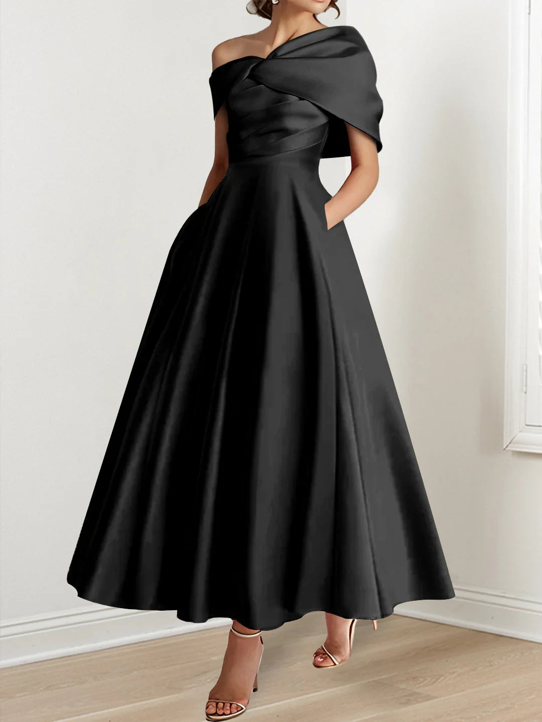 A-Line/Princess Off-The-Shoulder Satin Mother Of The Bride Dresses Sleeveless Ankle-Length with Ruffles & Bowknot
