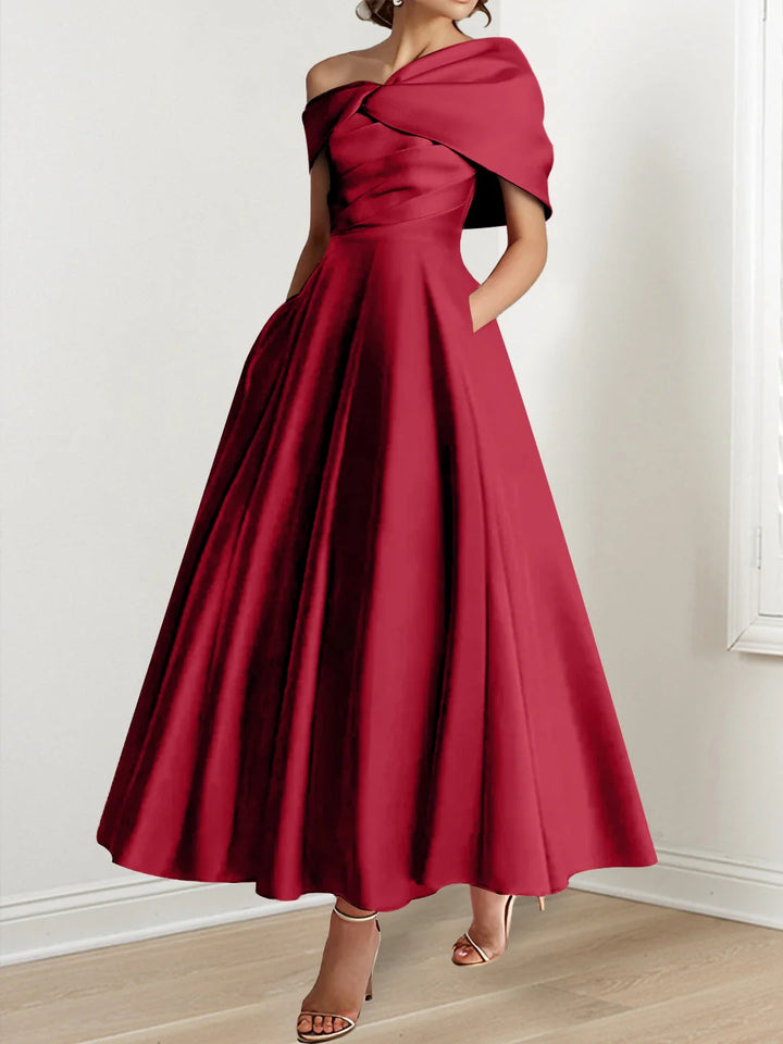 A-Line/Princess Off-The-Shoulder Satin Mother Of The Bride Dresses Sleeveless Ankle-Length with Ruffles & Bowknot