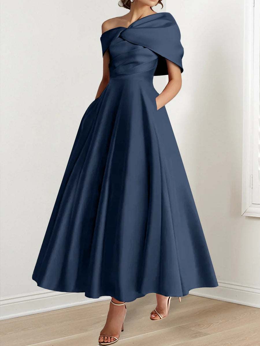 A-Line/Princess Off-The-Shoulder Satin Mother Of The Bride Dresses Sleeveless Ankle-Length with Ruffles & Bowknot