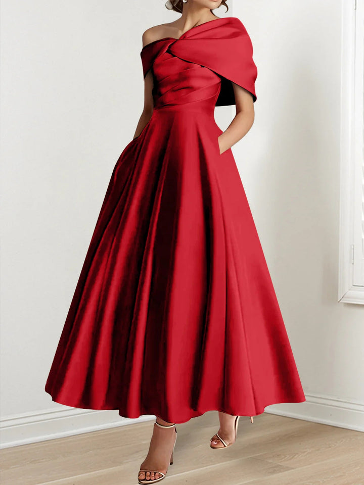 A-Line/Princess Off-The-Shoulder Satin Mother Of The Bride Dresses Sleeveless Ankle-Length with Ruffles & Bowknot