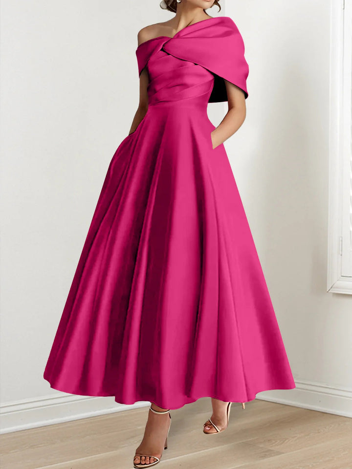 A-Line/Princess Off-The-Shoulder Satin Mother Of The Bride Dresses Sleeveless Ankle-Length with Ruffles & Bowknot