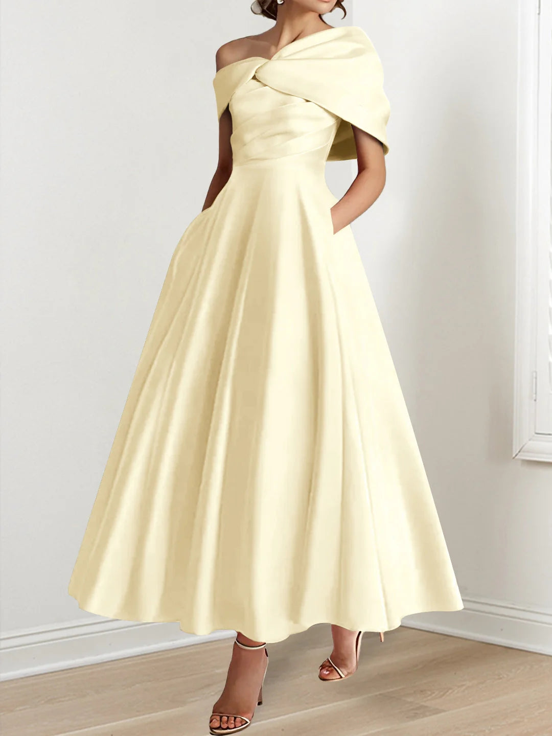 A-Line/Princess Off-The-Shoulder Satin Mother Of The Bride Dresses Sleeveless Ankle-Length with Ruffles & Bowknot
