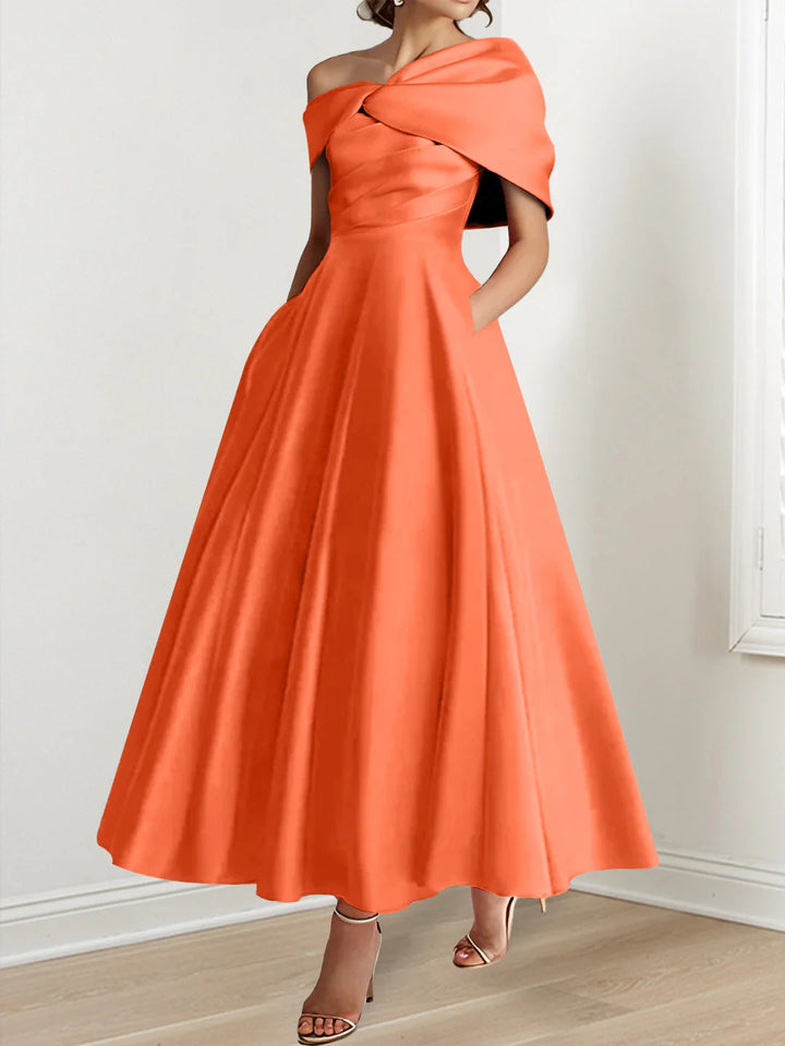 A-Line/Princess Off-The-Shoulder Satin Mother Of The Bride Dresses Sleeveless Ankle-Length with Ruffles & Bowknot