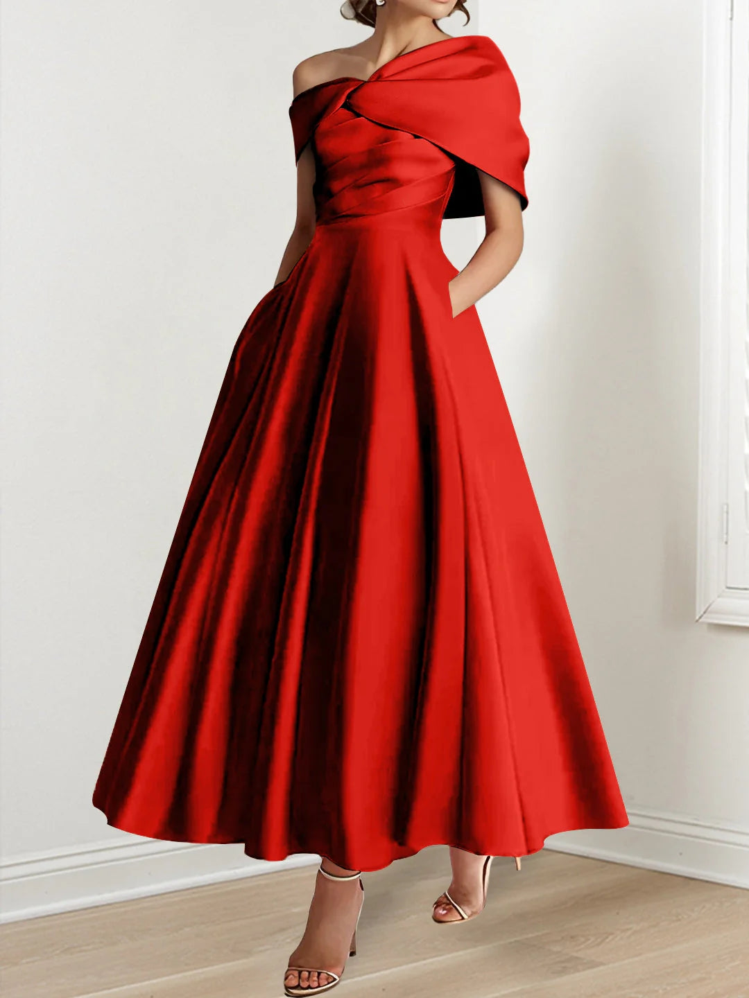 A-Line/Princess Off-The-Shoulder Satin Mother Of The Bride Dresses Sleeveless Ankle-Length with Ruffles & Bowknot