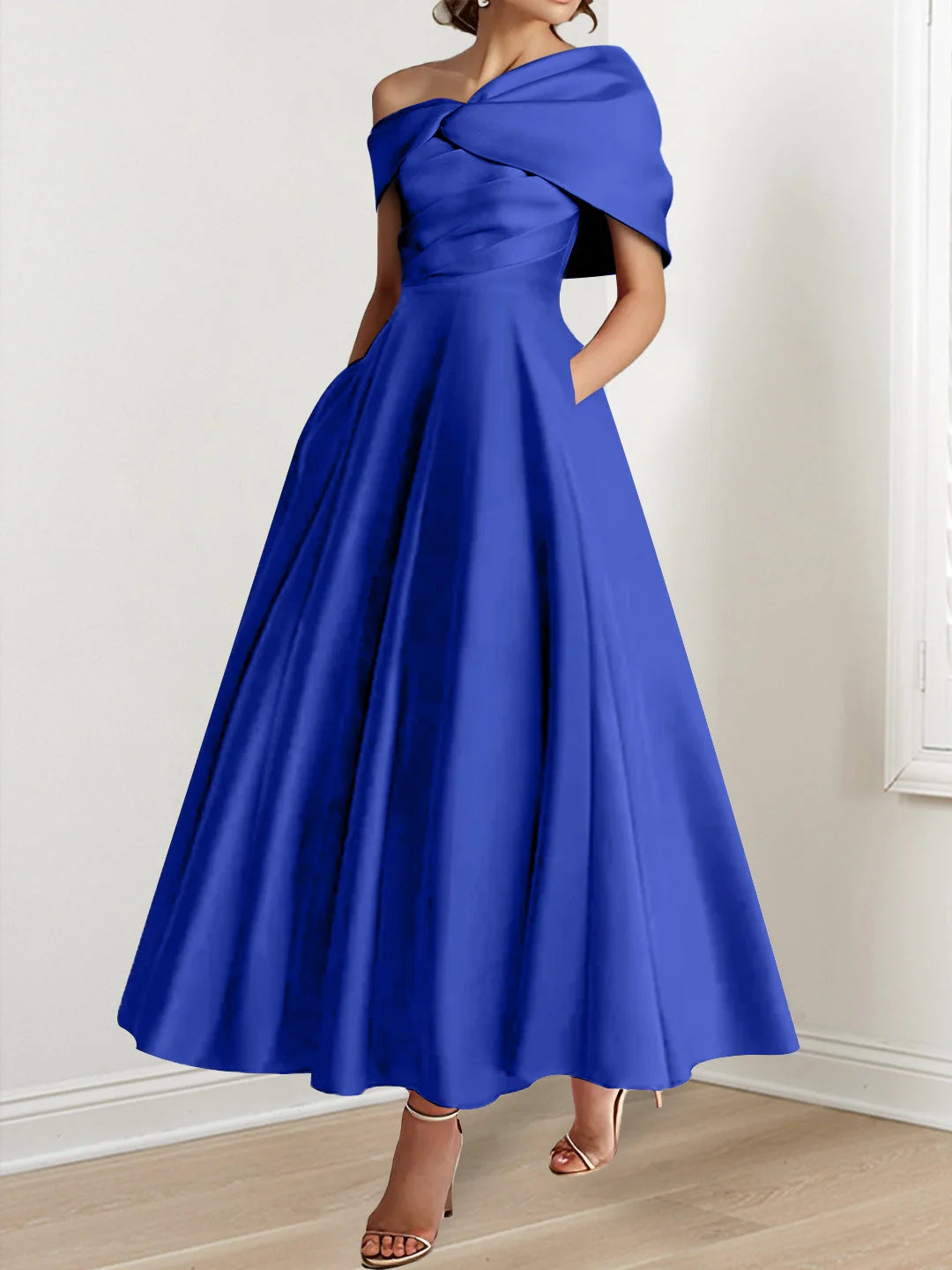 A-Line/Princess Off-The-Shoulder Satin Mother Of The Bride Dresses Sleeveless Ankle-Length with Ruffles & Bowknot