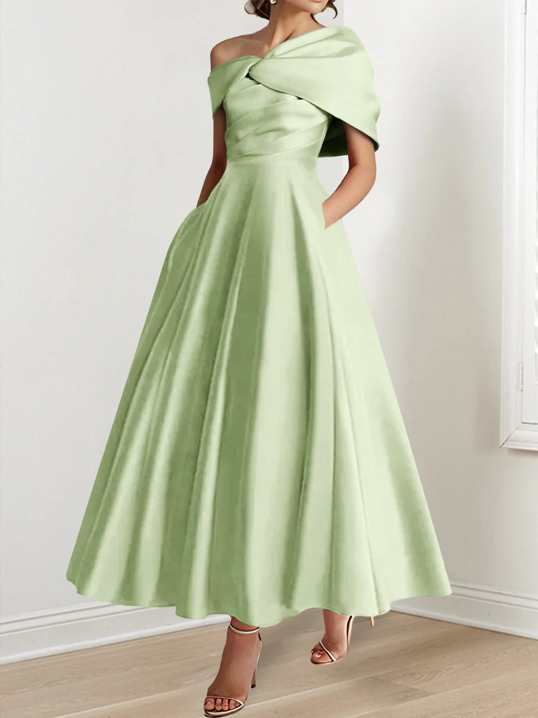 A-Line/Princess Off-The-Shoulder Satin Mother Of The Bride Dresses Sleeveless Ankle-Length with Ruffles & Bowknot