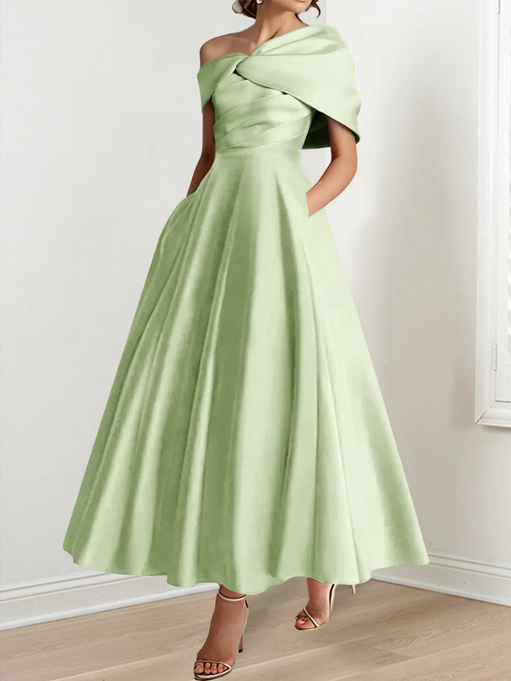 A-Line/Princess Off-The-Shoulder Satin Mother Of The Bride Dresses Sleeveless Ankle-Length with Ruffles & Bowknot