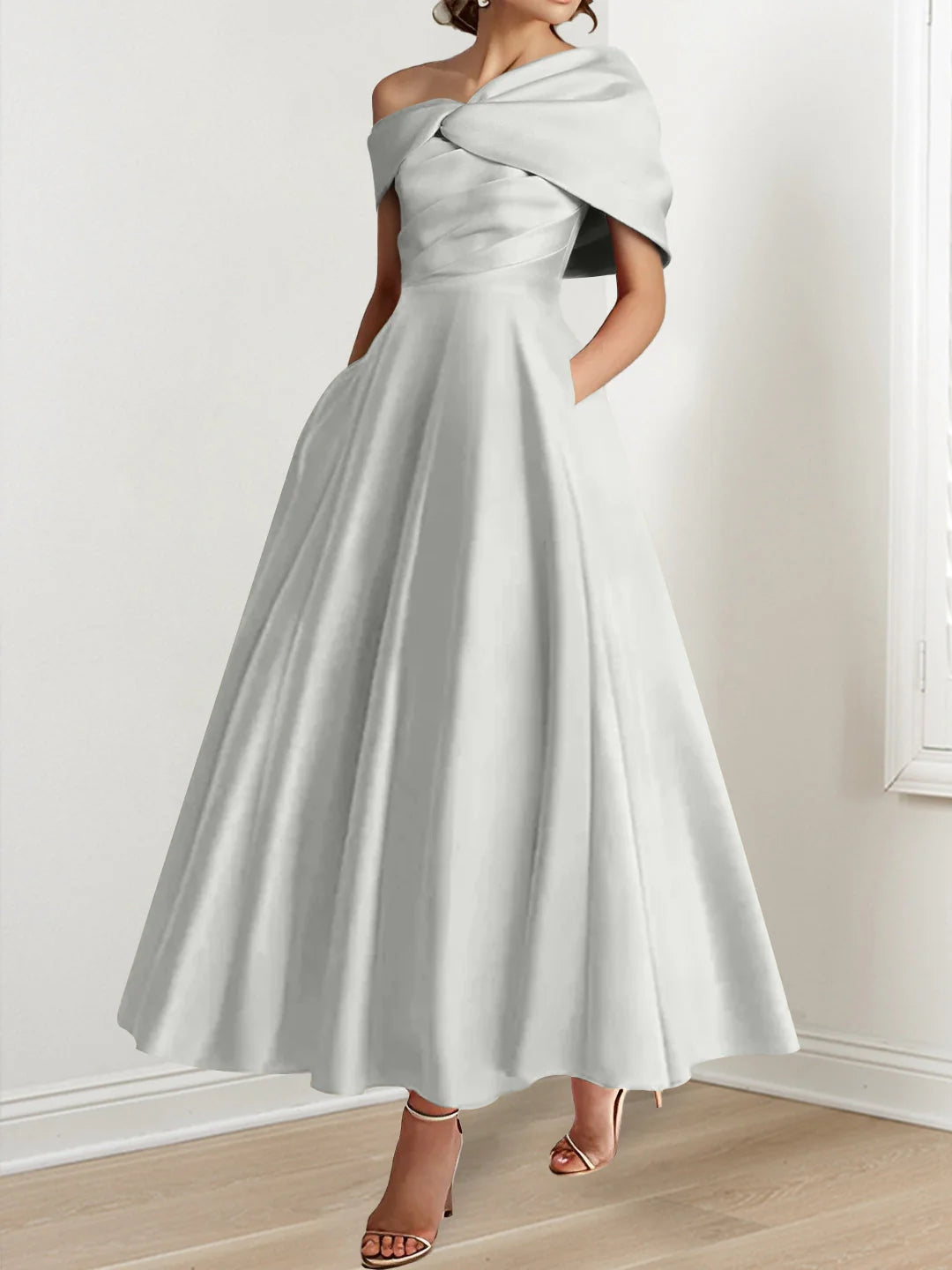 A-Line/Princess Off-The-Shoulder Satin Mother Of The Bride Dresses Sleeveless Ankle-Length with Ruffles & Bowknot