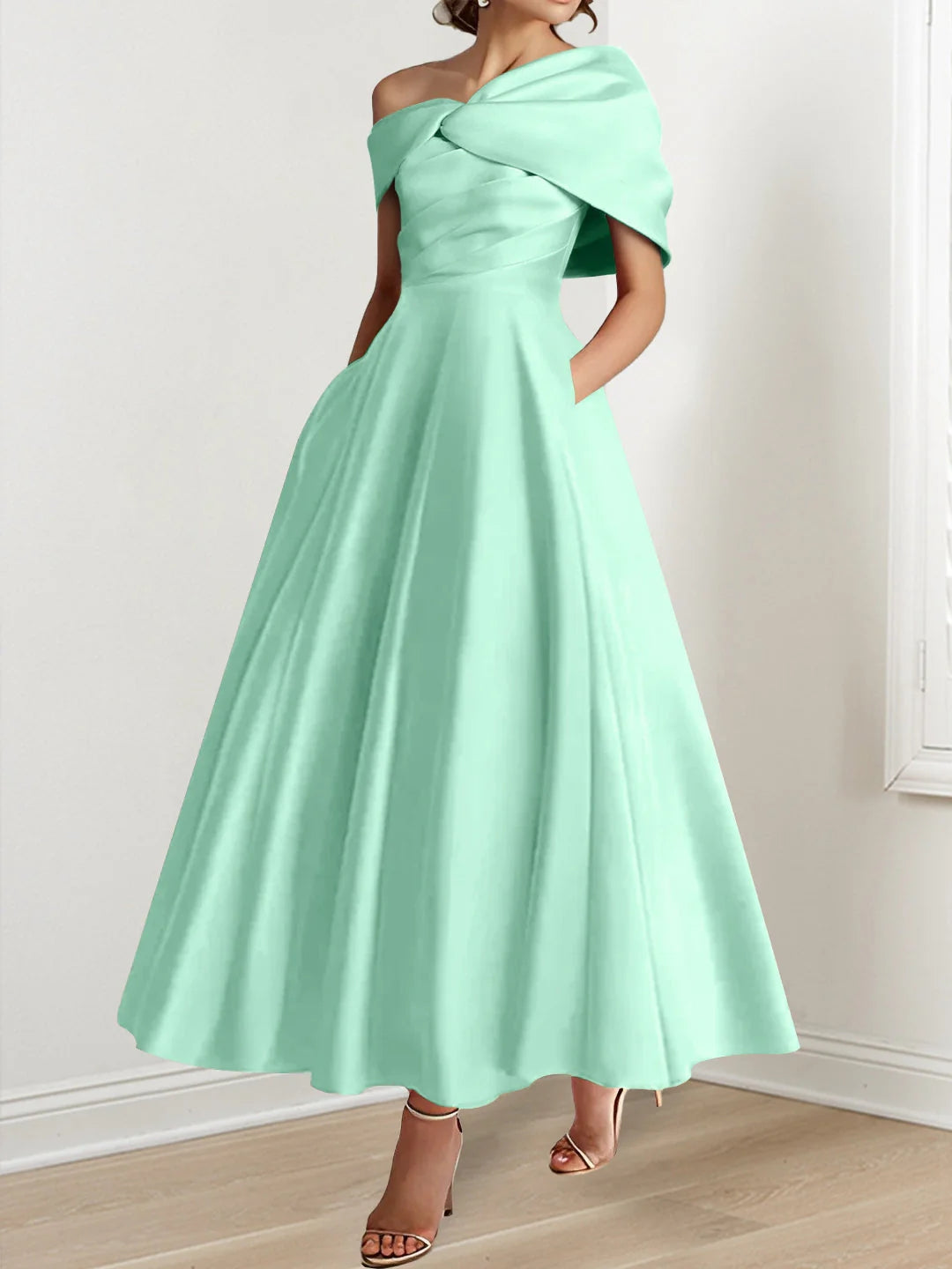 A-Line/Princess Off-The-Shoulder Satin Mother Of The Bride Dresses Sleeveless Ankle-Length with Ruffles & Bowknot