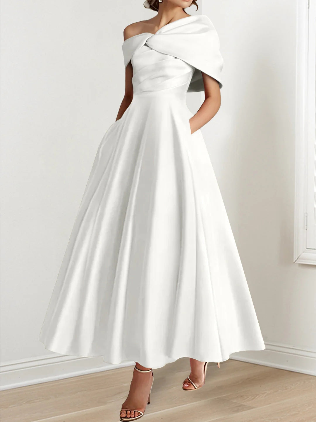 A-Line/Princess Off-The-Shoulder Satin Mother Of The Bride Dresses Sleeveless Ankle-Length with Ruffles & Bowknot