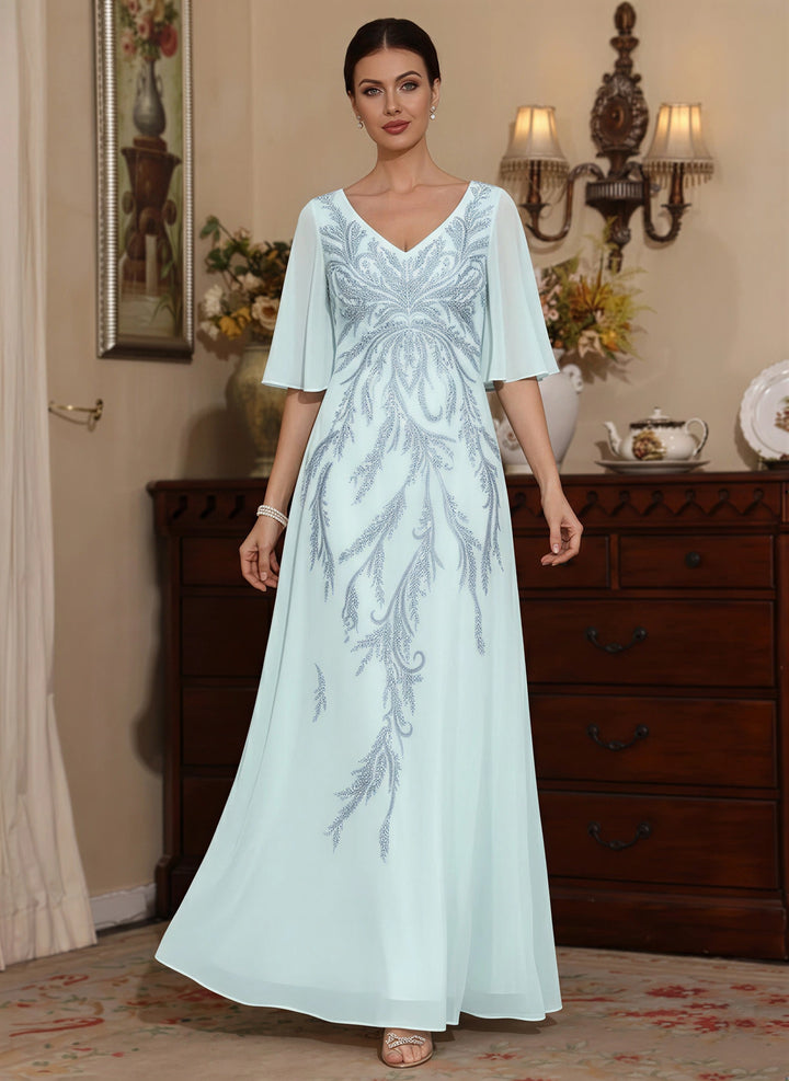 A-Line/Princess V-Neck Chiffon Mother of the Bride Dresses Ankle-Length Short Sleeves Sequins