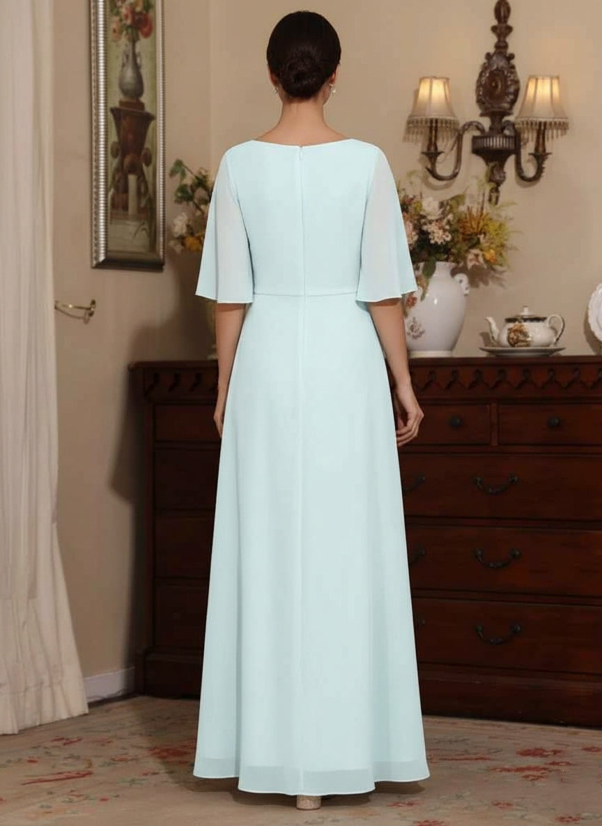 A-Line/Princess V-Neck Chiffon Mother of the Bride Dresses Ankle-Length Short Sleeves Sequins