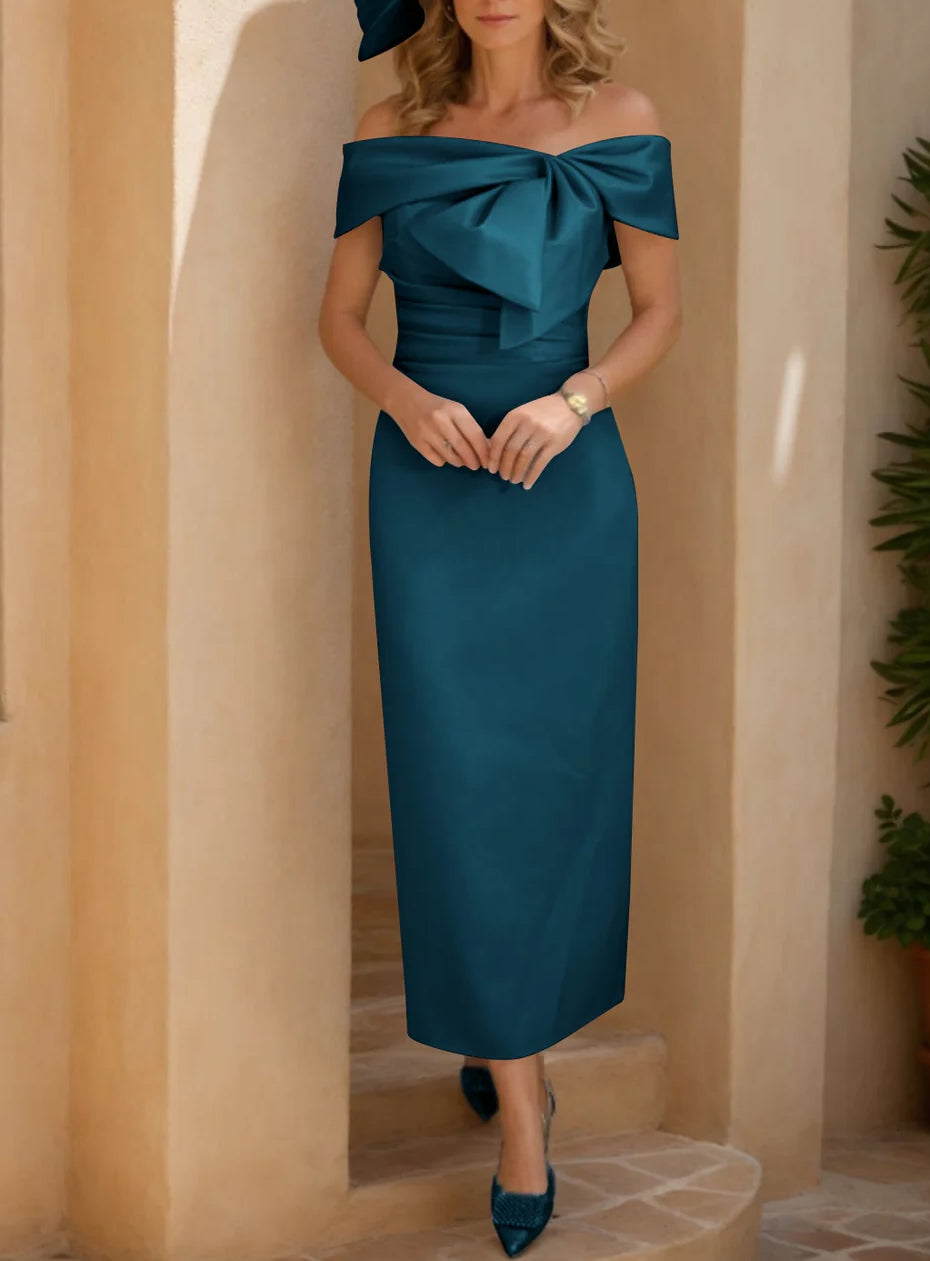 Sheath/Column Off-the-Shoulder Satin Mother of the Bride Dresses Sleeveless Tea-Length with Bowknot
