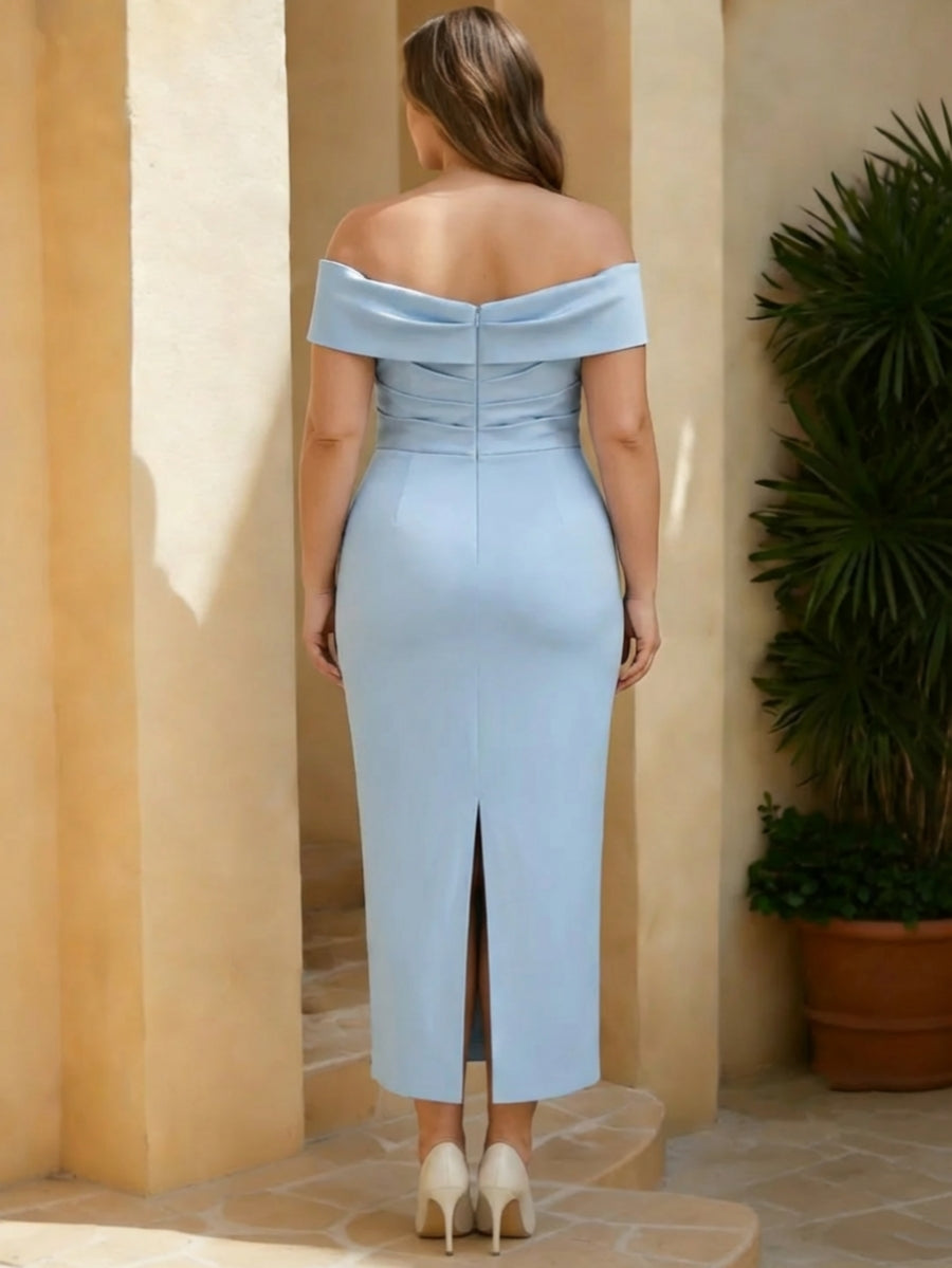 Sheath/Column Off-the-Shoulder Satin Plus Size Mother of the Bride Dresses Sleeveless Tea-Length with Bowknot