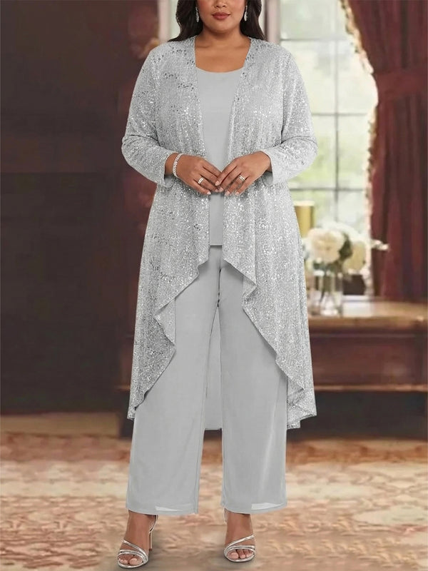 3 Pieces Chiffon Sequins Scoop Plus Size Mother of the Bride Pantsuits with Jacket Long Sleeves Ankle-Length