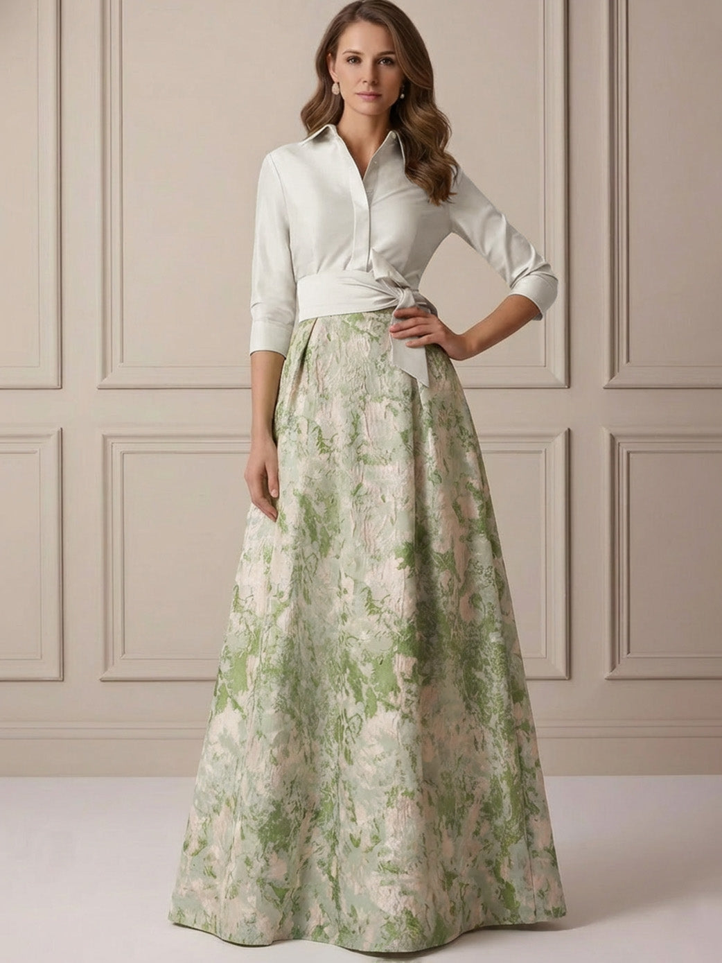 A-Line/Princess Shirt Collar Mother of the Bride Dresses Satin 3/4 Sleeves Floor-Length Floral Bowknot