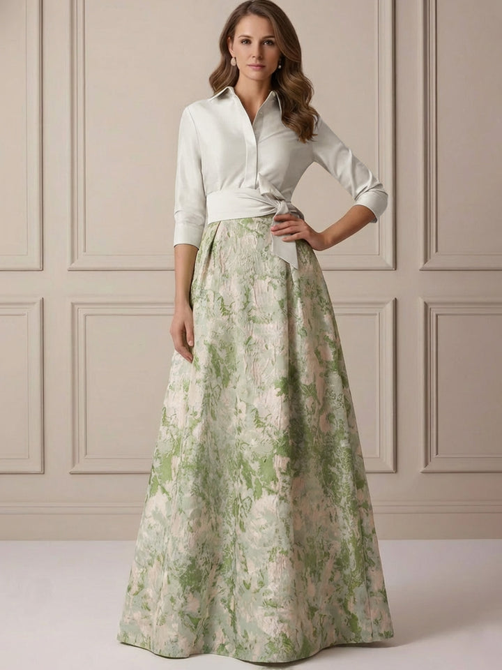 A-Line/Princess Shirt Collar Mother of the Bride Dresses Satin 3/4 Sleeves Floor-Length Floral Bowknot