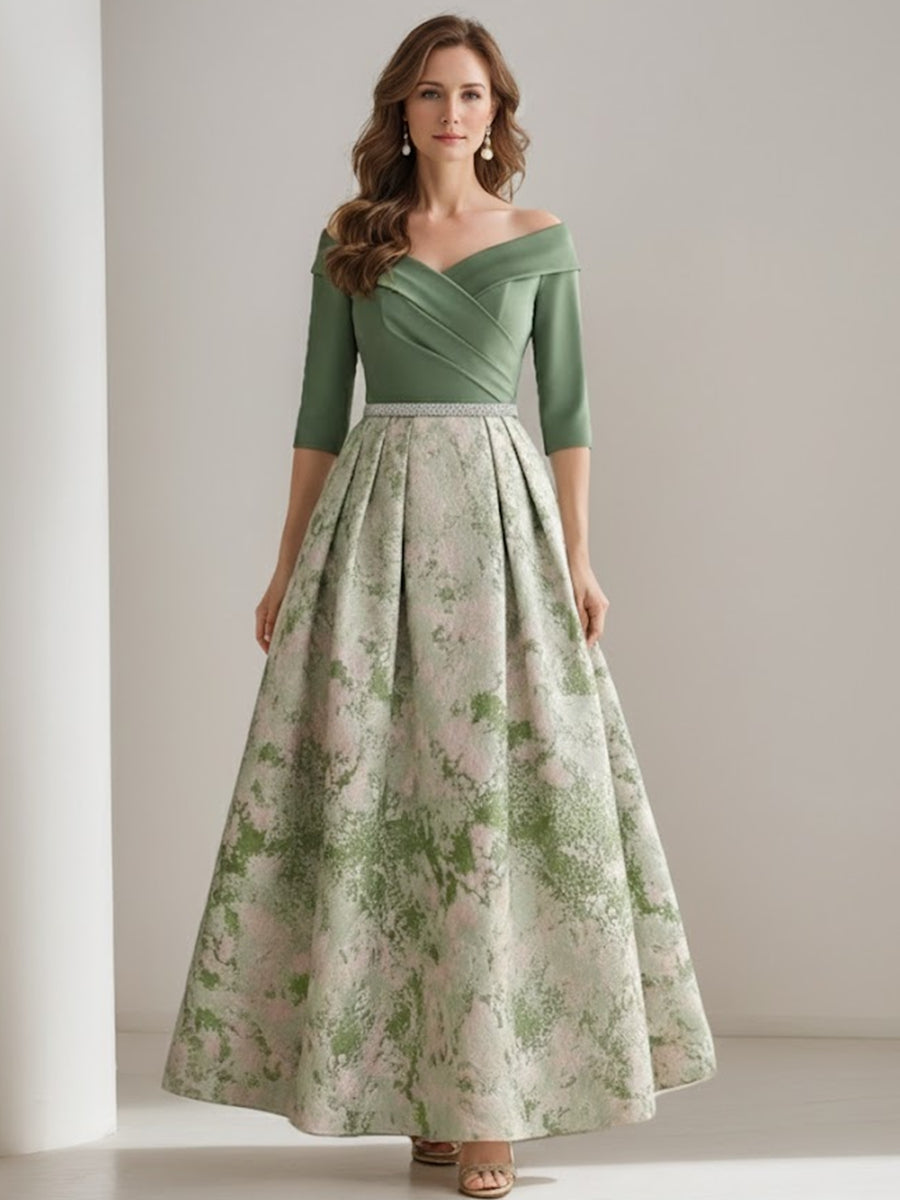 A-Line/Princess Off-the-Shoulder Mother of the Bride Dresses Satin 3/4 Sleeves Ankle-Length Floral Sash, Green A-Line/Princess Off-the-Shoulder Mother of the Bride Dresses Satin 3/4 Sleeves Ankle-Length Floral Sash, Green