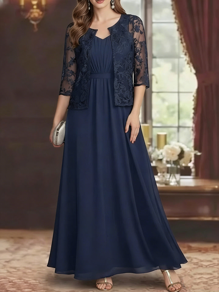 2 Piece A-Line/Princess V-Neck Chiffon Mother of the Bride Dresses with Jacket Lace Ankle-Length Long Sleeves