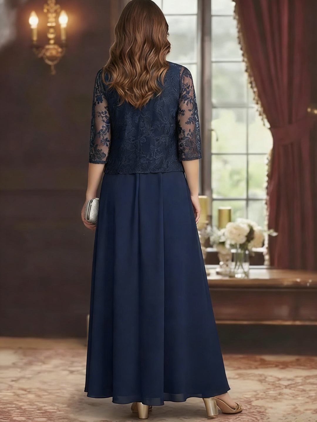 2 Piece A-Line/Princess V-Neck Chiffon Mother of the Bride Dresses with Jacket Lace Ankle-Length Long Sleeves