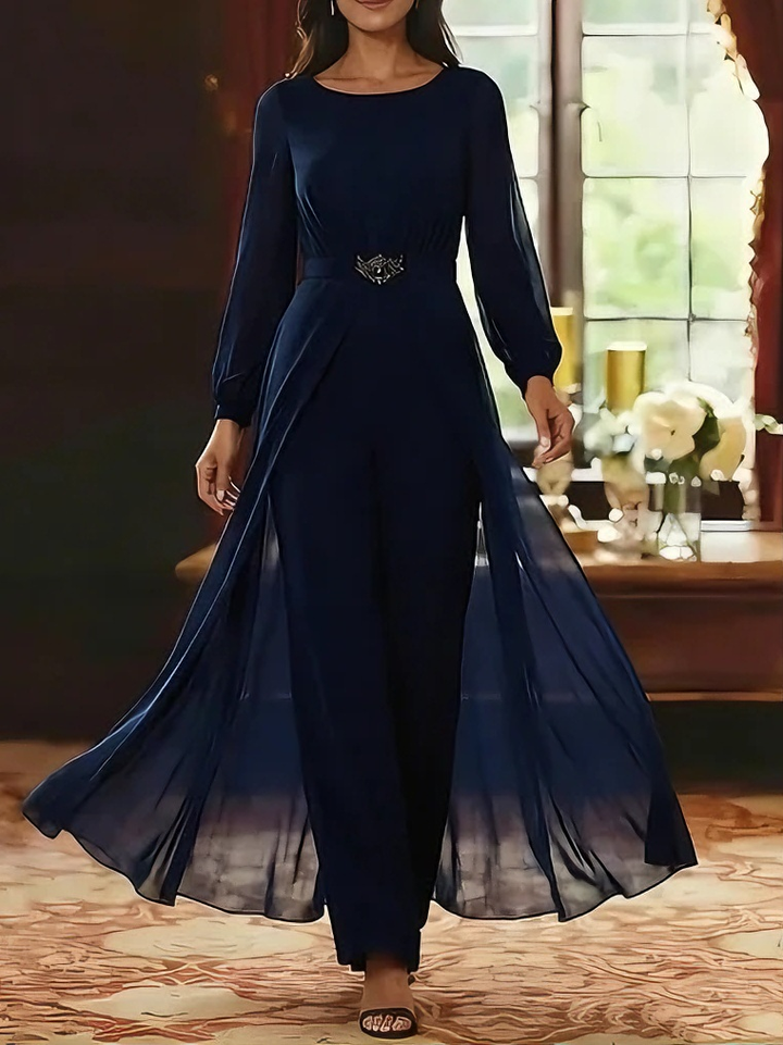 Jumpsuit Scoop Chiffon Mother of the Bride Jumpsuit with Overskirt Ankle-Length Long Sleeves