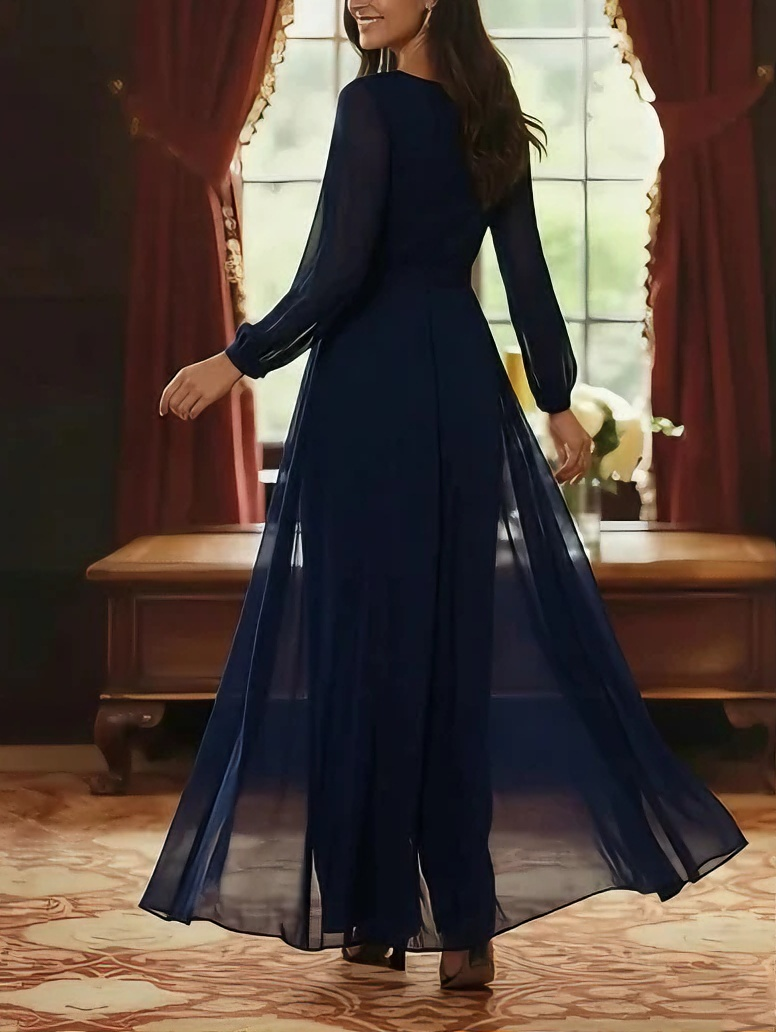 Jumpsuit Scoop Chiffon Mother of the Bride Jumpsuit with Overskirt Ankle-Length Long Sleeves